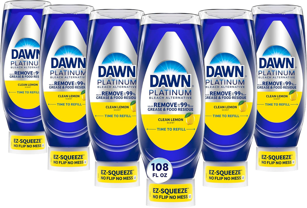 Dawn Platinum EZ-Squeeze Dish Soap Liquid, Dishwashing Liquid, Grease Removal, Upside Down Bottle, Bleach Alternative Clean Lemon, 6x18 Fl Oz Bundle